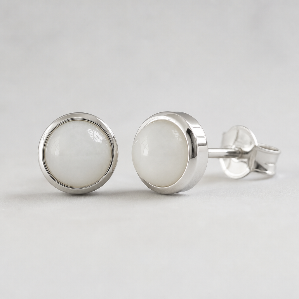 Natural Quartzite Jade Stud Earrings in 925 Silver - Minimalist Bezel