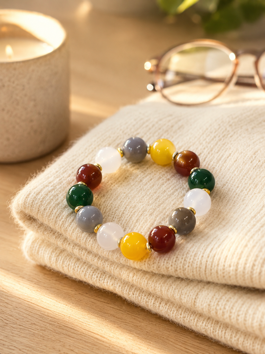 14mm Five Blessings Natural Agate Beaded Bracelet | Multi-Color Good Luck Jewelry