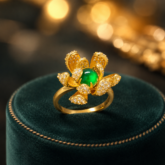18K Gold Plated Green Agate Flower Ring | Pave CZ Statement Cocktail Ring