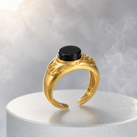 18K Gold Plated Black Agate Signet Ring | Round Adjustable Vintage Band
