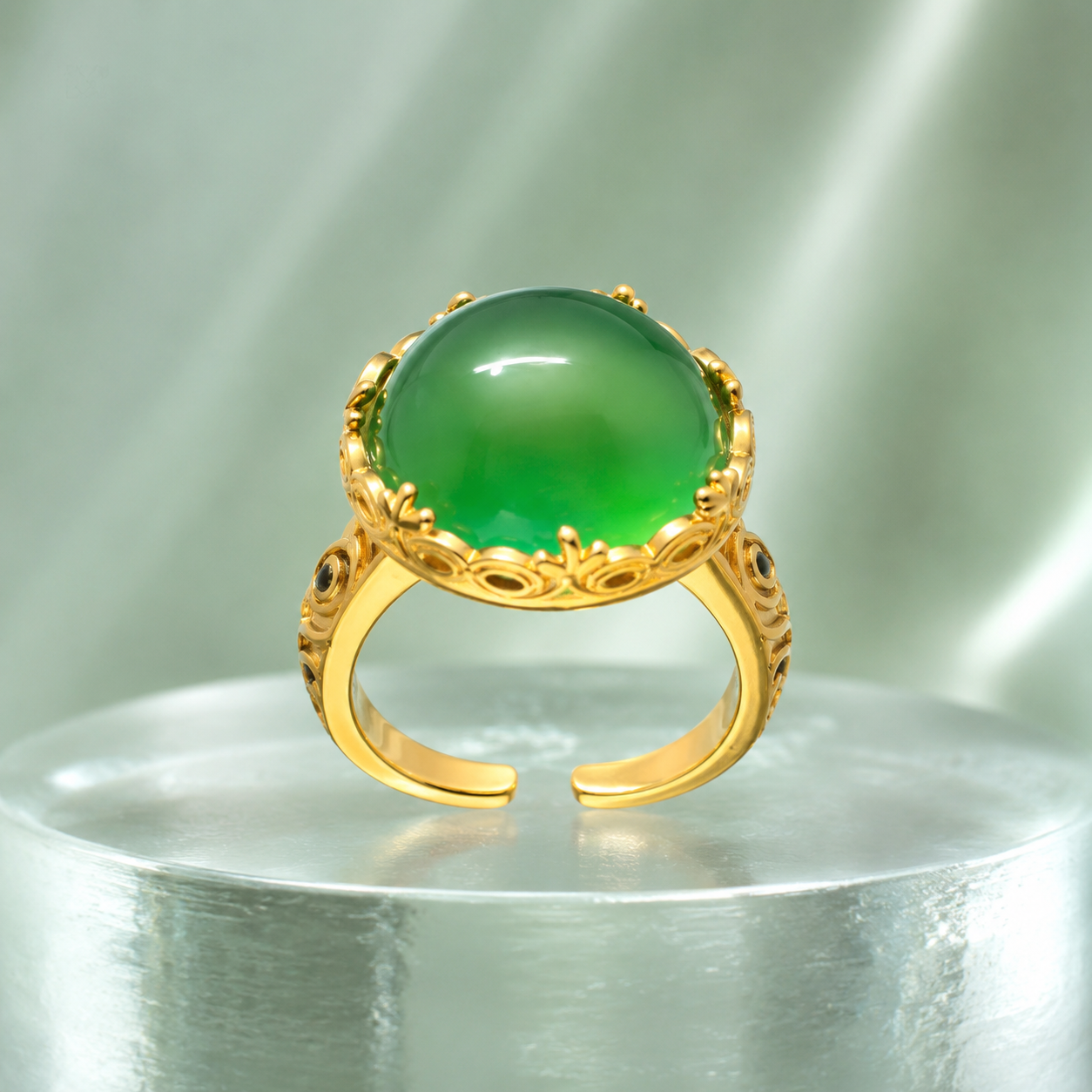 18K Gold Plated Oval Green Agate Ring | Vintage Filigree Adjustable Band