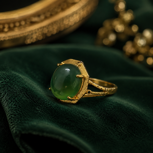 18K Gold Plated Green Agate Ring | Bamboo Textured Nature Inspired Band