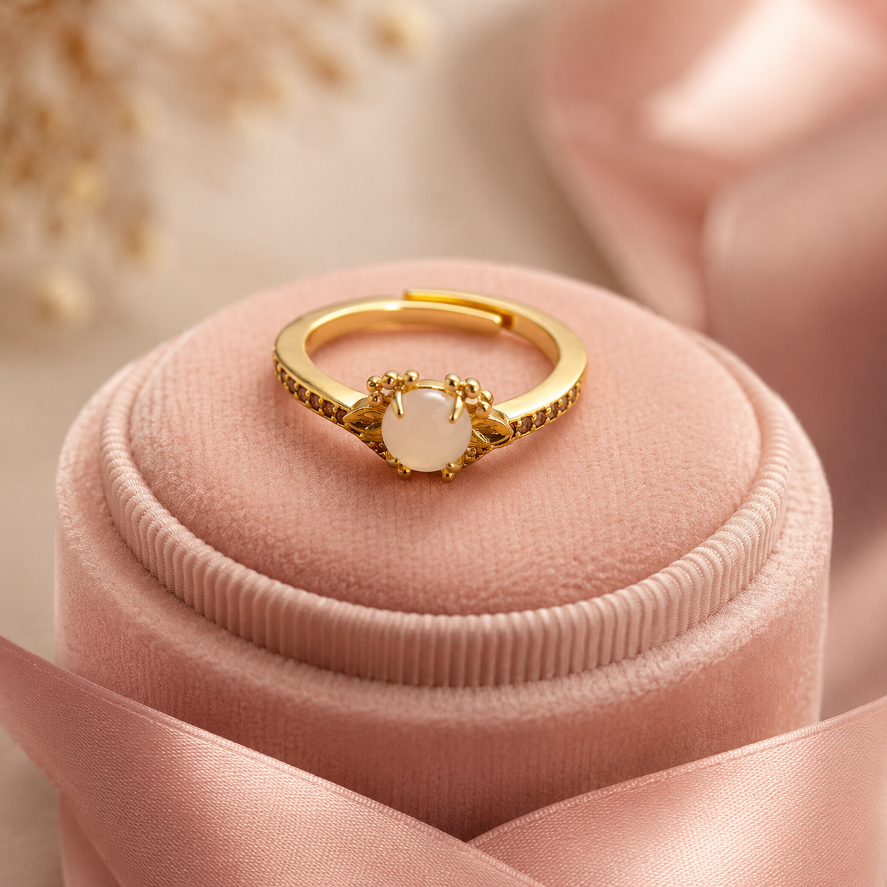 18K Gold Plated White Agate Ring | Dainty Floral Adjustable Band