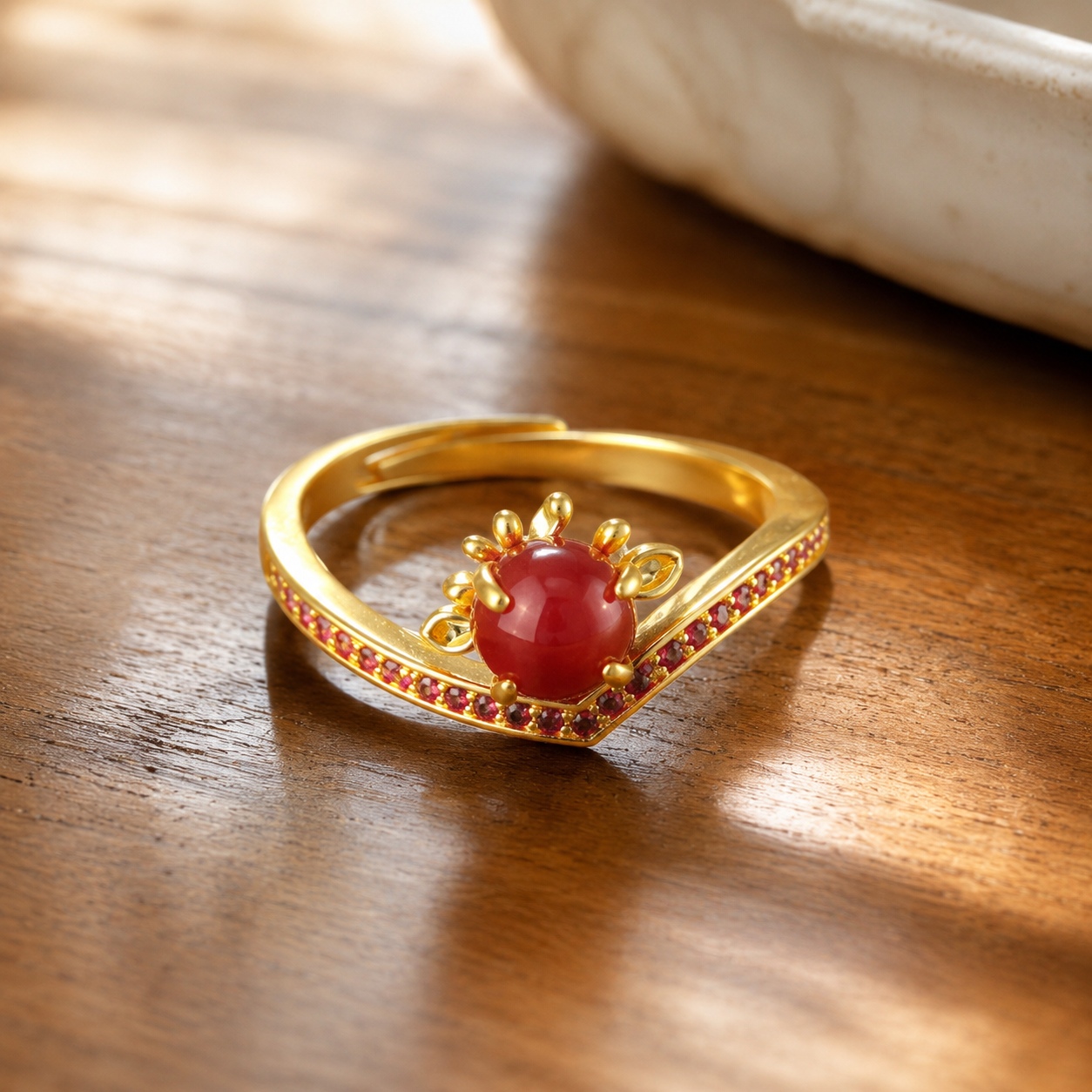 18K Gold Plated Red Agate Chevron Ring | Adjustable Pave Statement Band