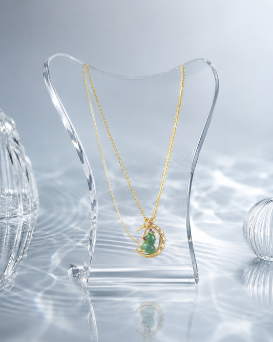 18K Gold Plated Green Agate Gourd Necklace | Crescent Moon Dainty Pendant for Women