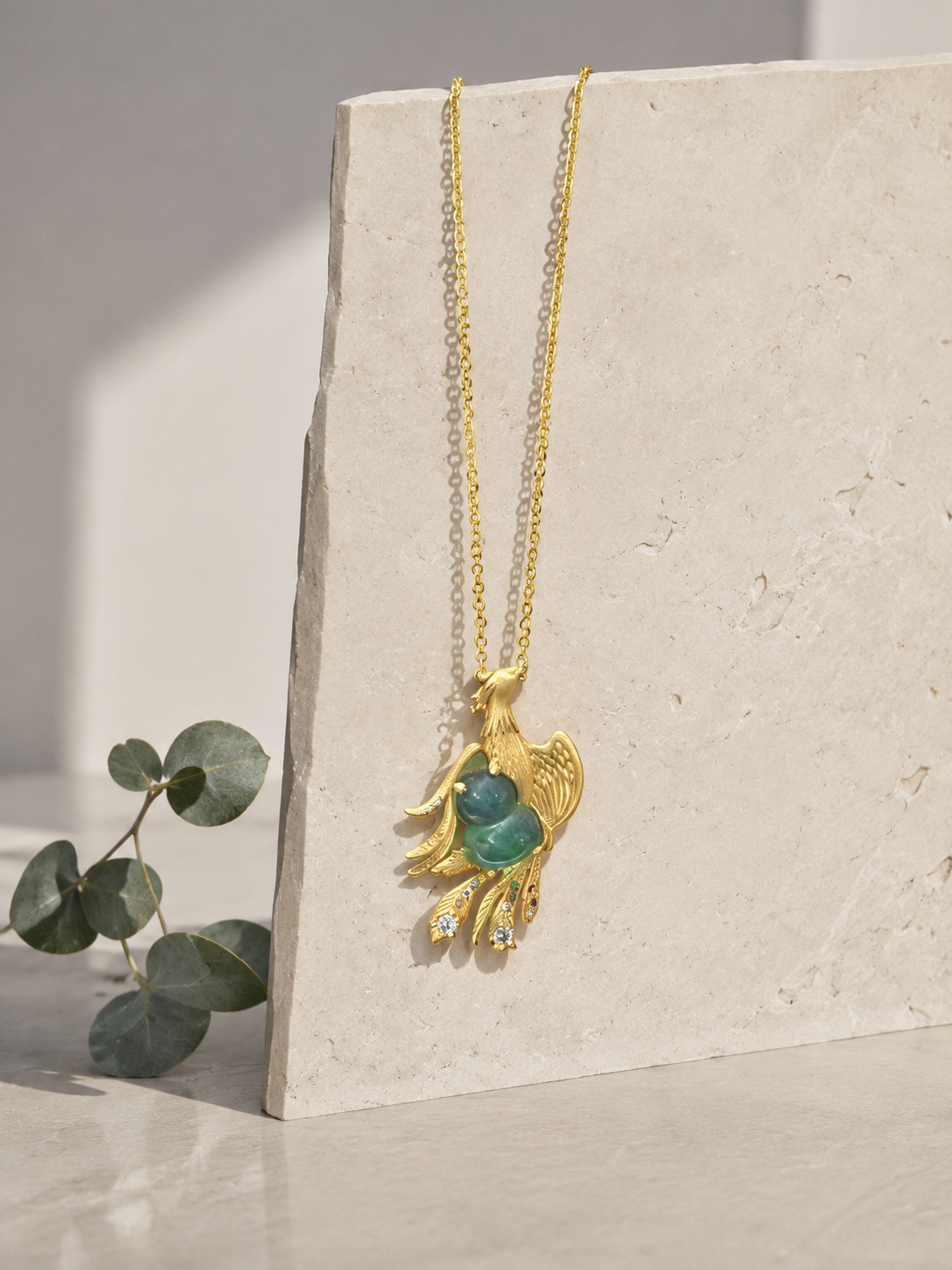 18K Gold Plated Green Agate Phoenix Necklace | Gourd Hulu Statement Pendant