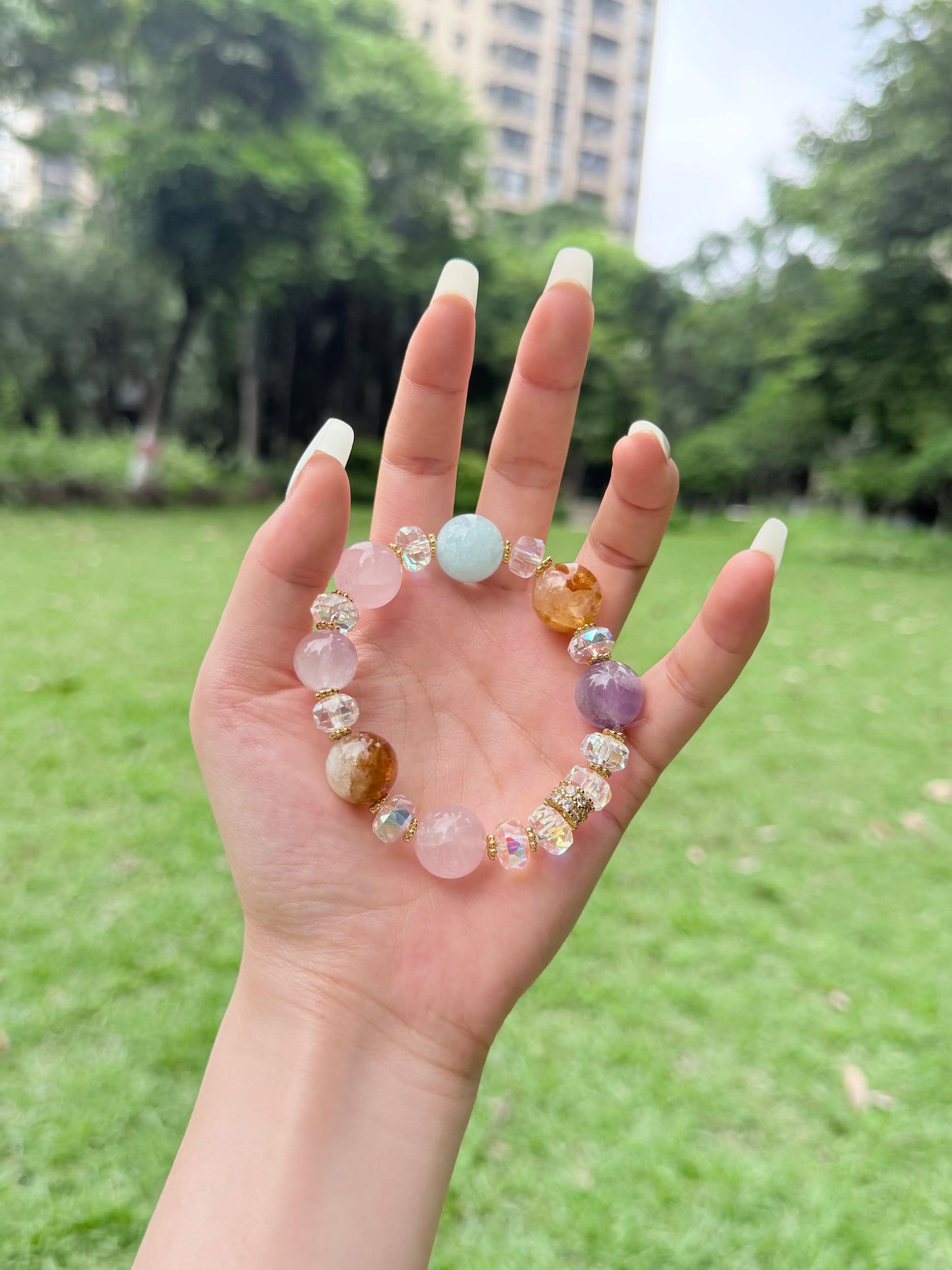 天然多晶手鍊 — 粉晶、黃水晶、紫水晶與海藍寶 — 14mm