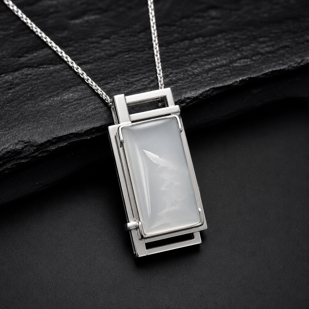 Natural Quartzite Jade Pendant in 925 Silver - Geometric Bar