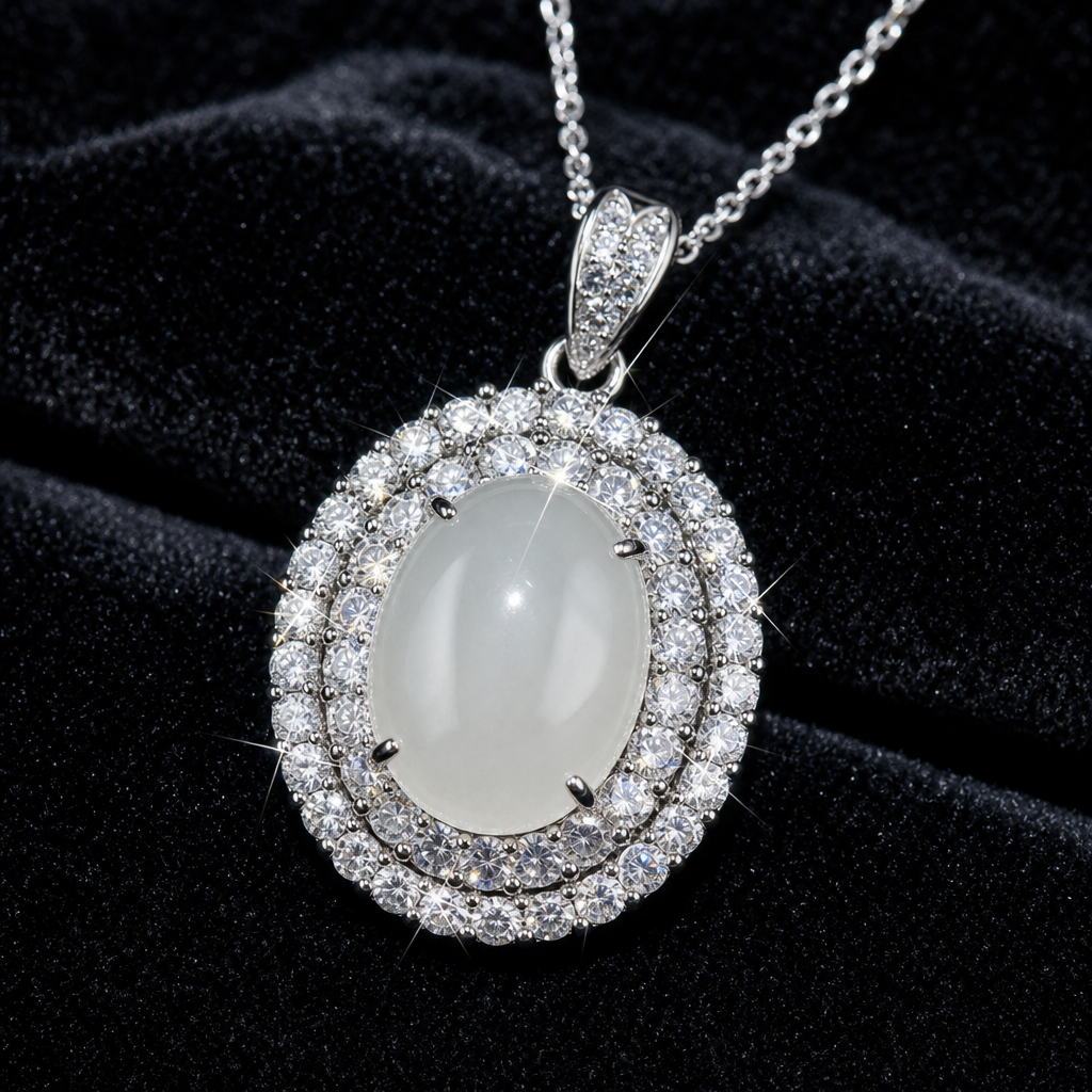Natural Quartzite Jade Pendant in 925 Silver - Double Halo (Custom Made)