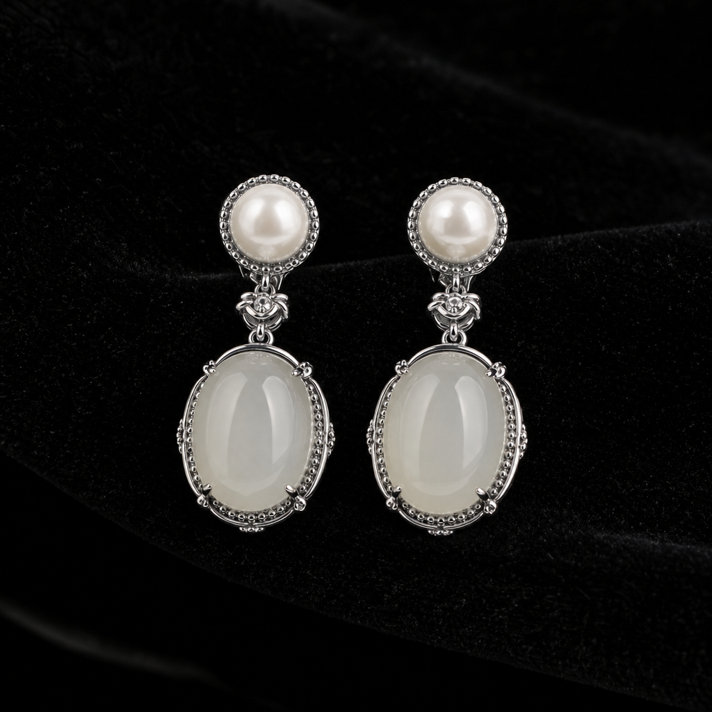 Natural Quartzite Jade & Pearl Drop Earrings in 925 Silver