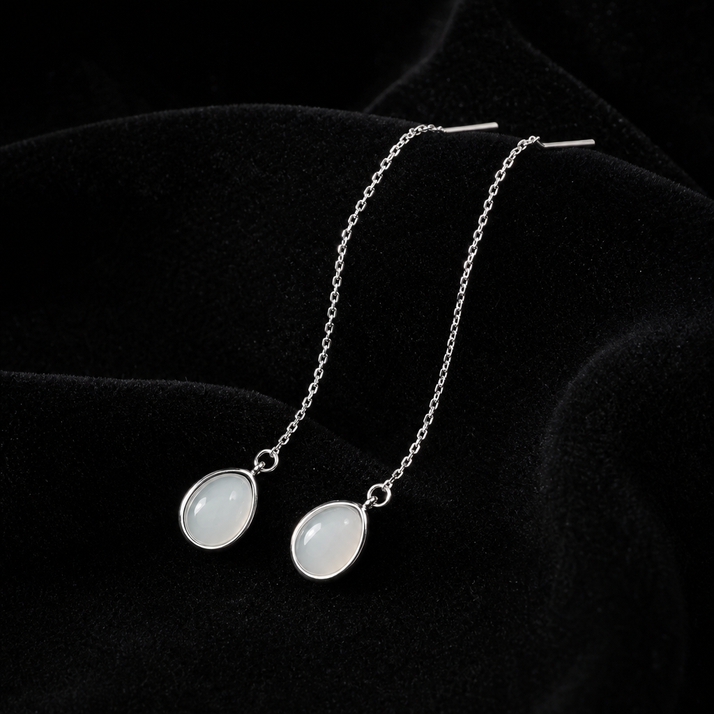 Natural Quartzite Jade Drop Earrings in 925 Silver - Chain Drop