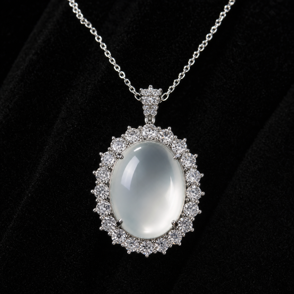 Natural Quartzite Jade Pendant in 925 Silver - Classic Halo (Custom Made)