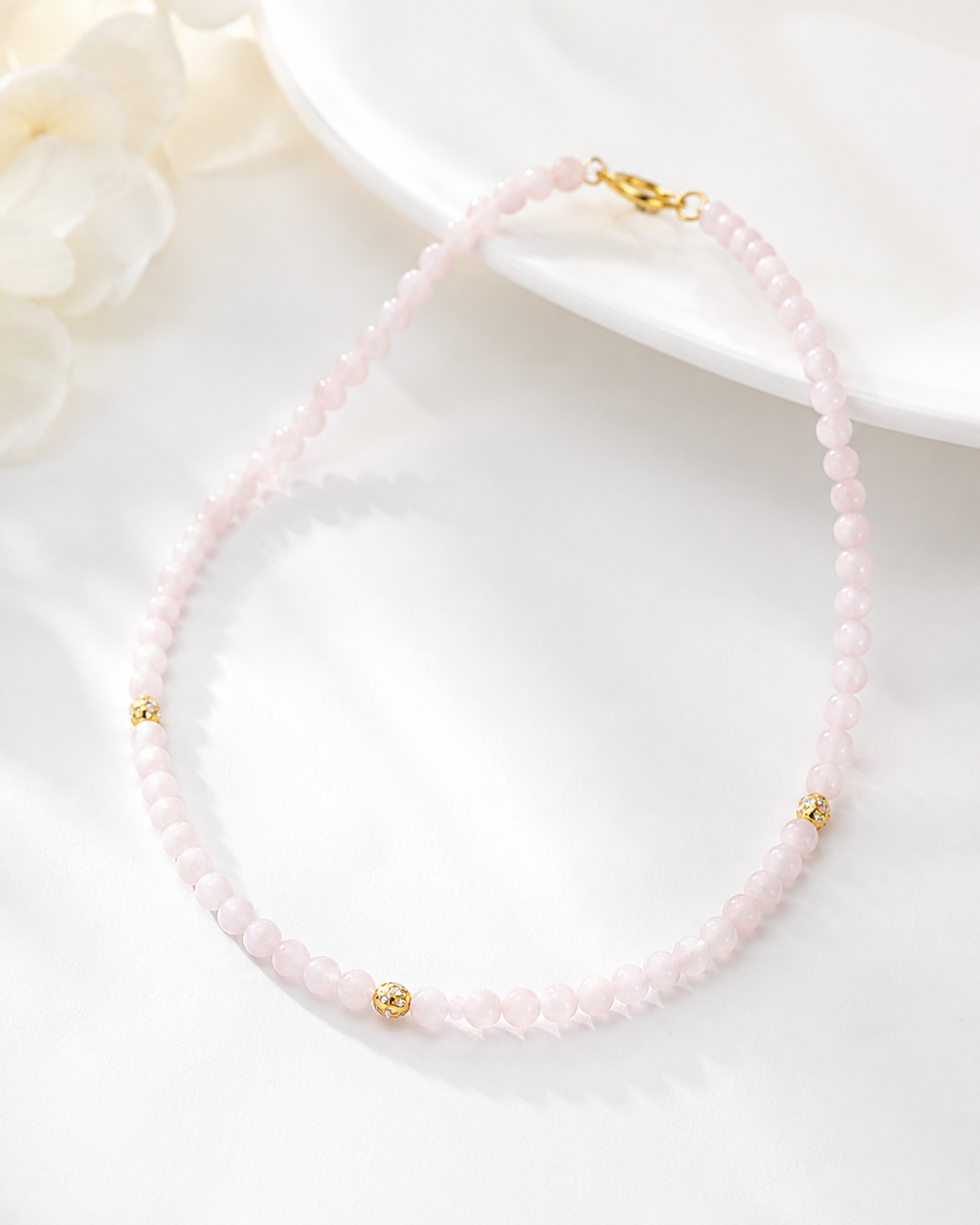 Jade Bead Necklace - White and Pink Tone
