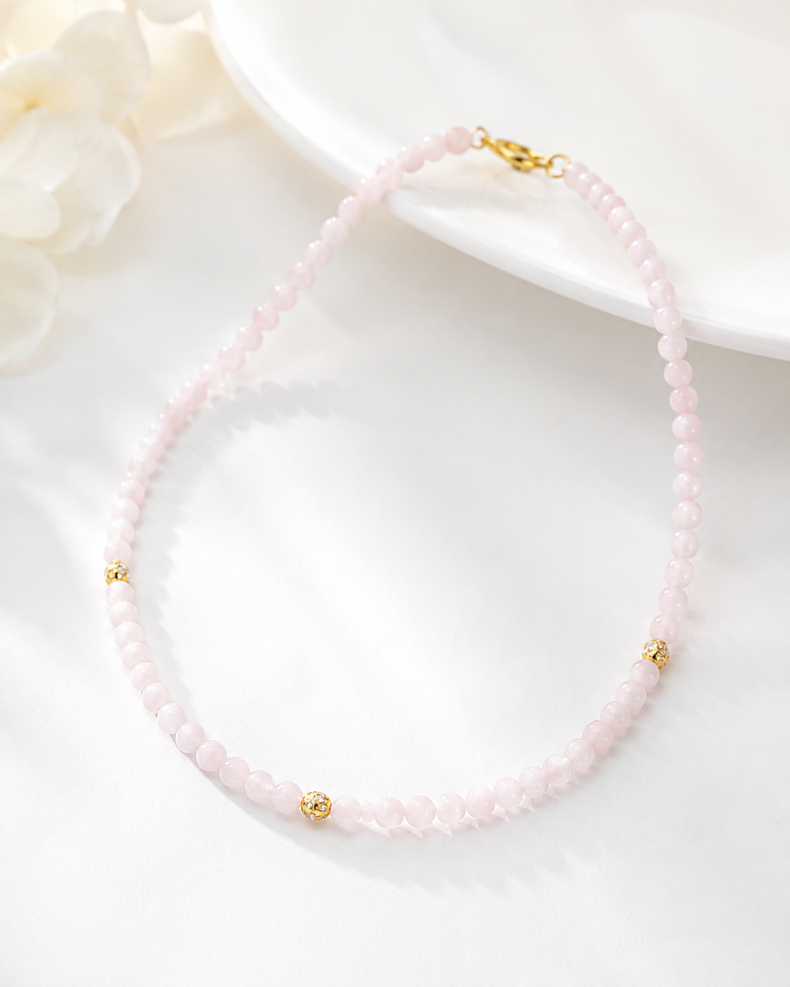 Jade Bead Necklace - White and Pink Tone