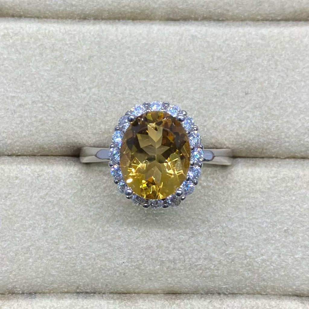 Natural Citrine Halo Ring in 925 Sterling Silver, 8x10mm Oval Gemstone