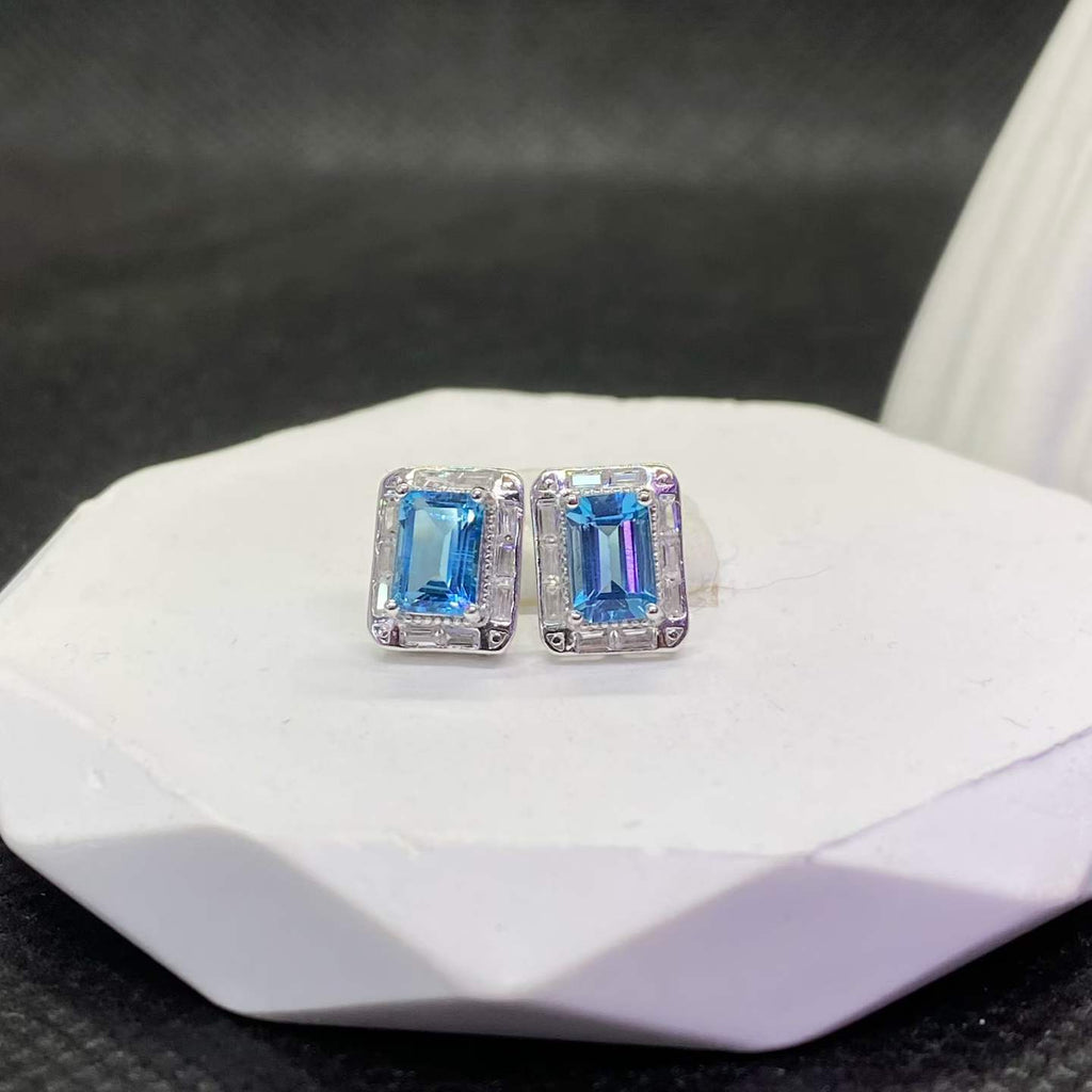 Natural Blue Topaz Halo Stud Earrings in 925 Sterling Silver, 4×6mm Gemstones