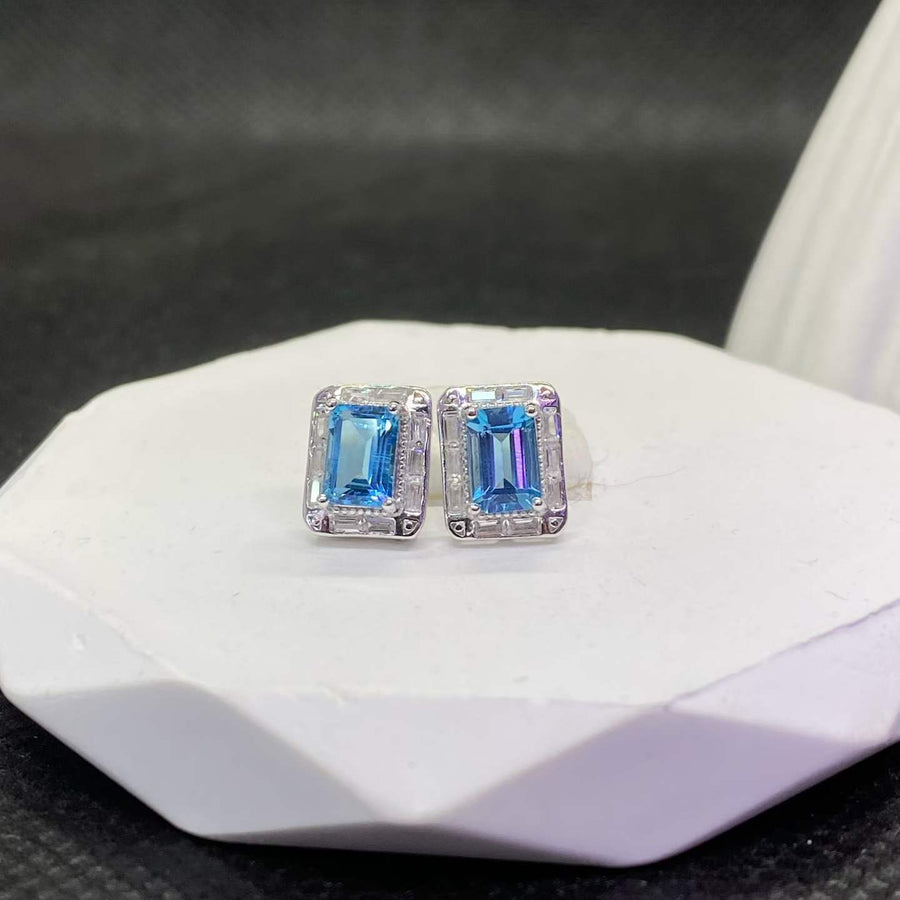 Natural Blue Topaz Halo Stud Earrings in 925 Sterling Silver, 4×6mm Gemstones