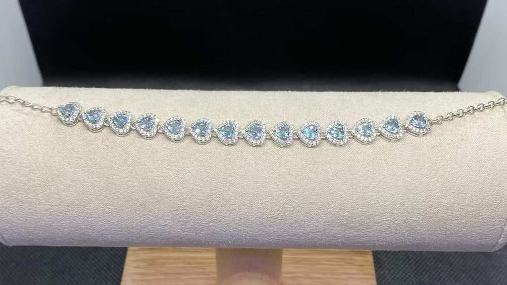 Natural Aquamarine Heart Bracelet in 925 Sterling Silver, 4mm Gemstones