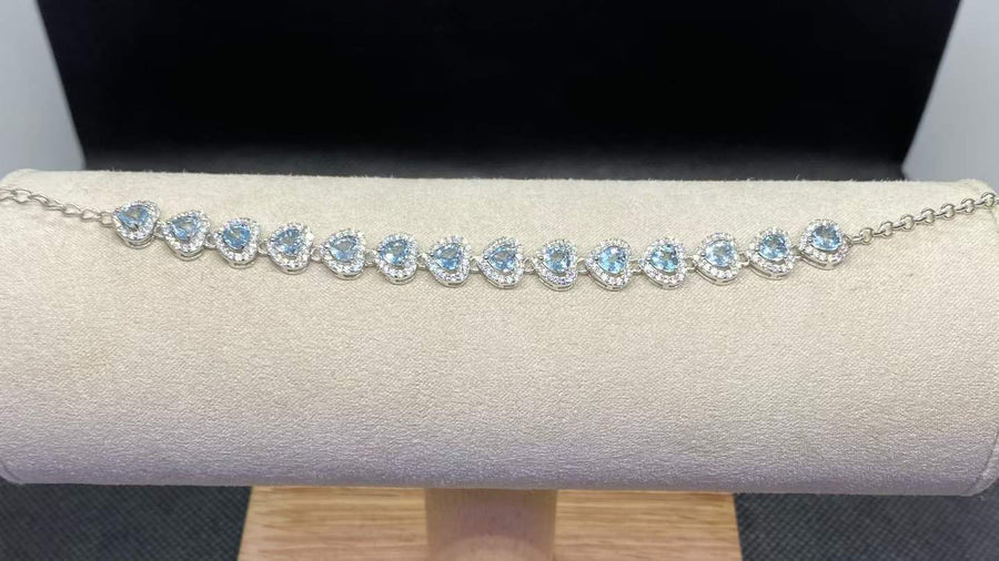 Natural Aquamarine Heart Bracelet in 925 Sterling Silver, 4mm Gemstones