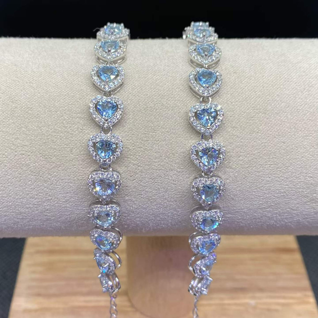 Natural Aquamarine Heart Bracelet in 925 Sterling Silver, 4mm Gemstones