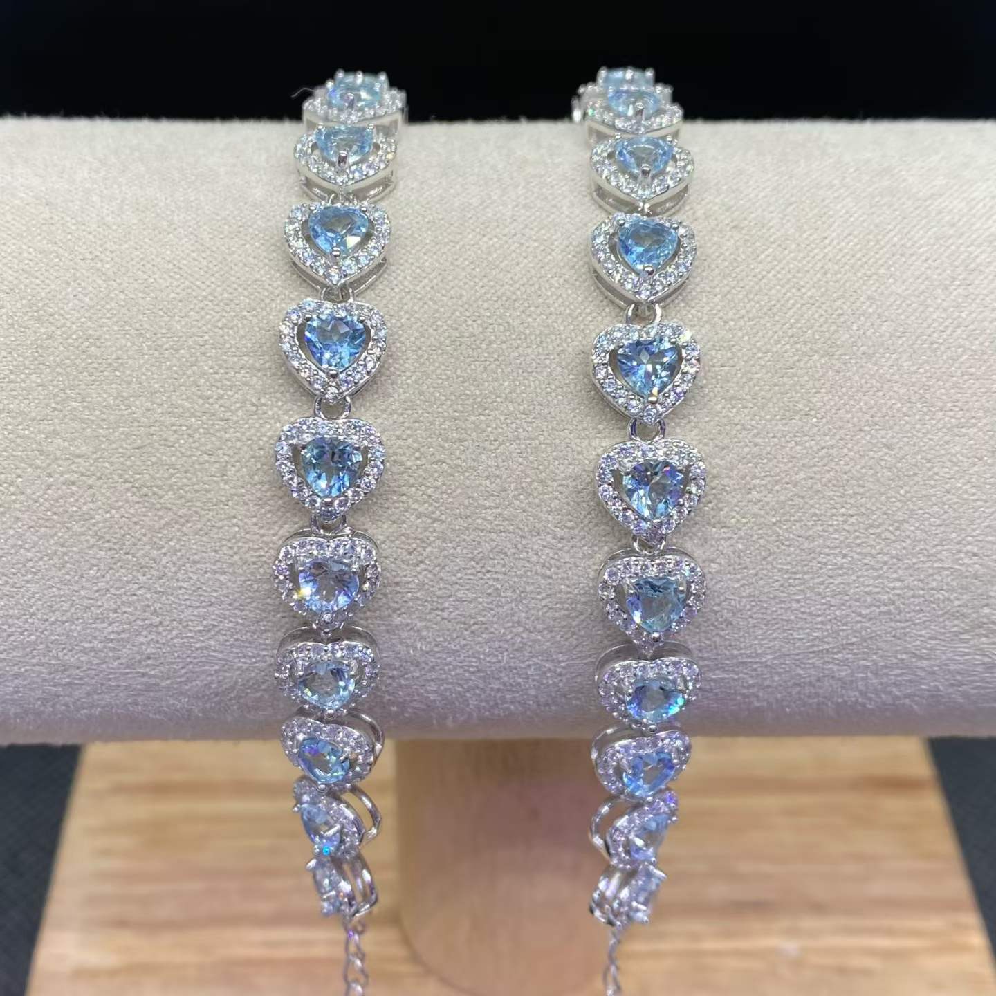 Natural Aquamarine Heart Bracelet in 925 Sterling Silver, 4mm Gemstones
