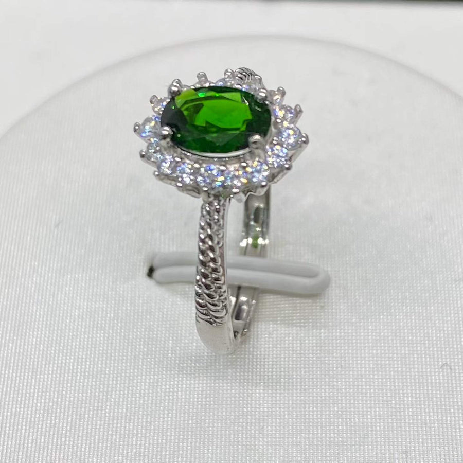 Natural Diopside Halo Ring in 925 Sterling Silver, 5×7mm Oval Gemstone