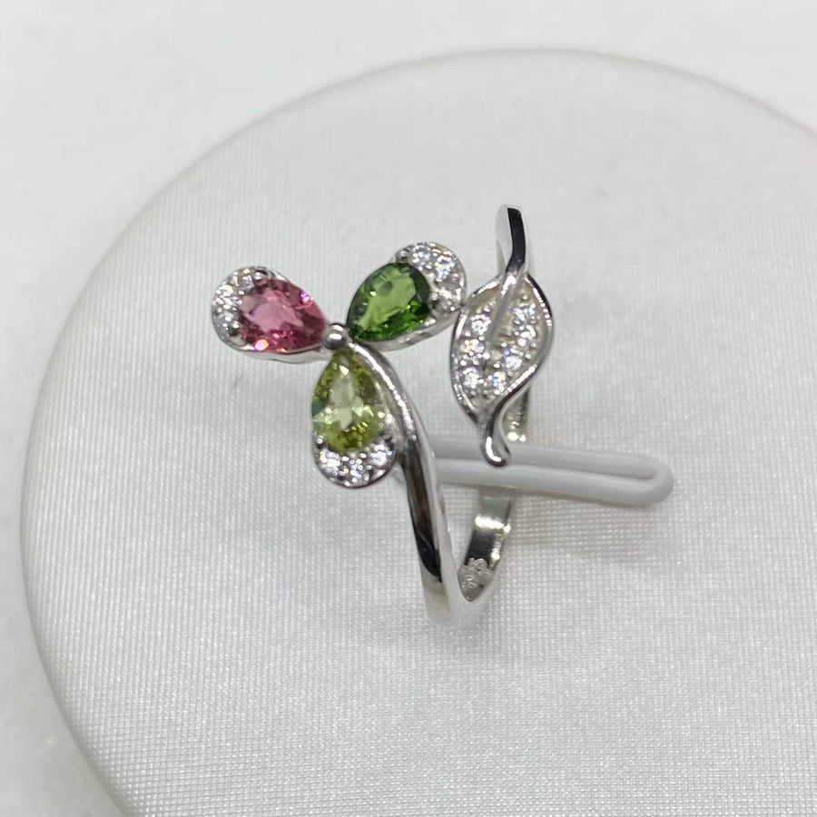 Natural Multicolor Tourmaline Three-Leaf Ring in 925 Sterling Silver, 3x4mm Gemstones