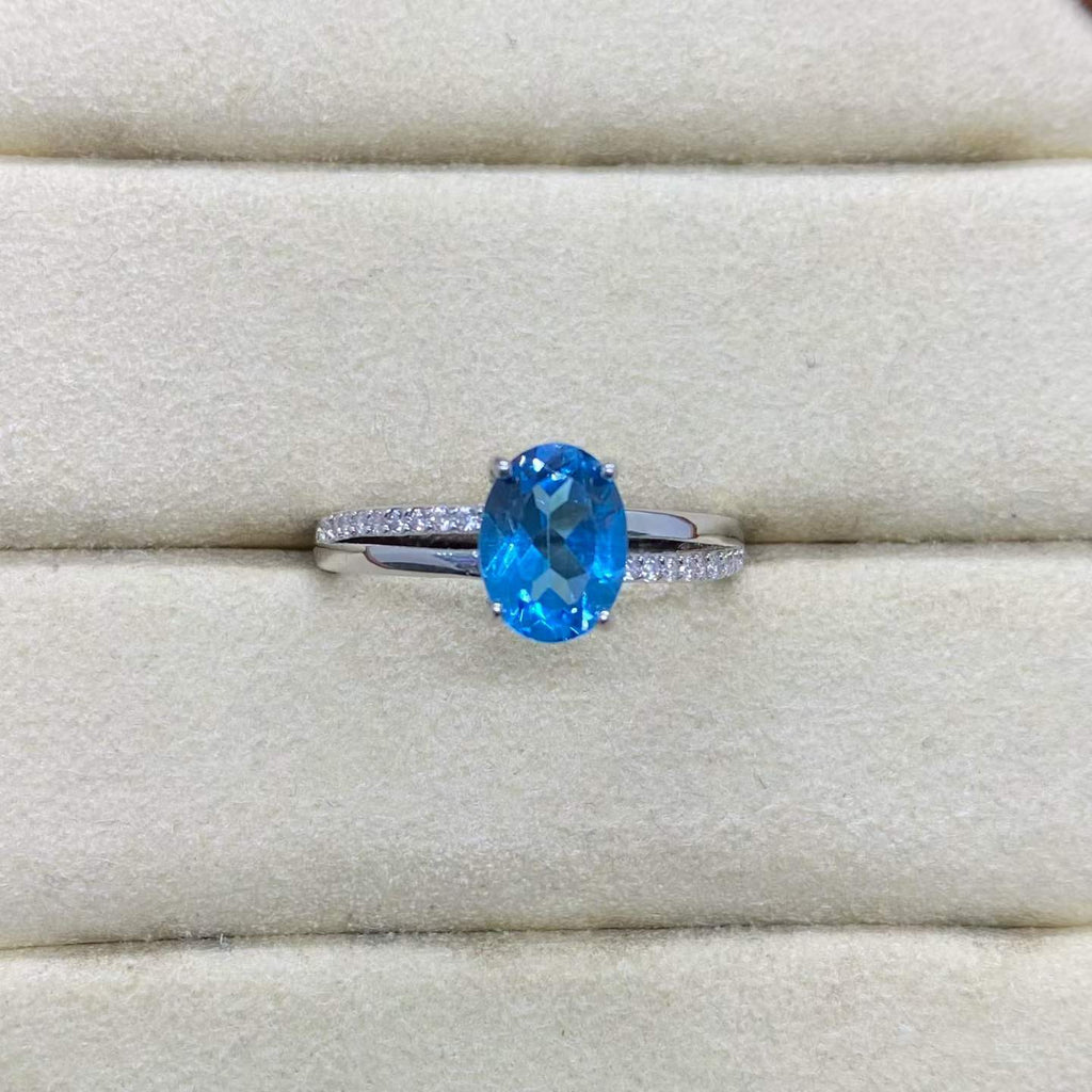 Natural Blue Topaz Ring in 925 Sterling Silver, 6×8mm Oval Gemstone