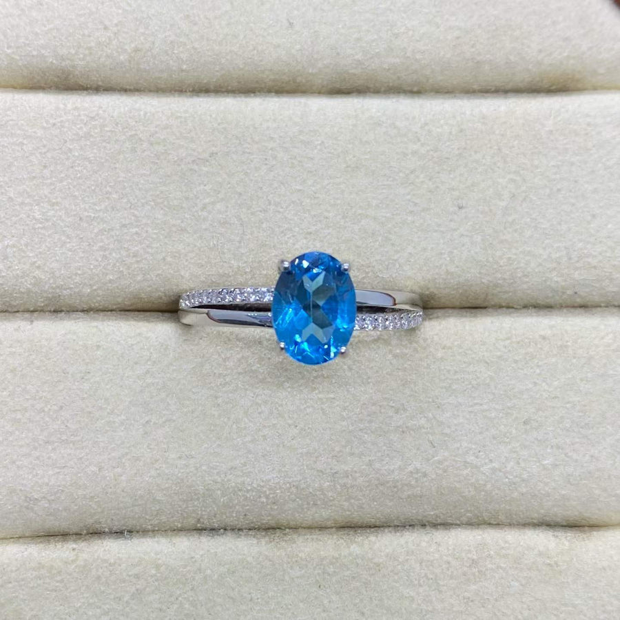 Natural Blue Topaz Ring in 925 Sterling Silver, 6×8mm Oval Gemstone