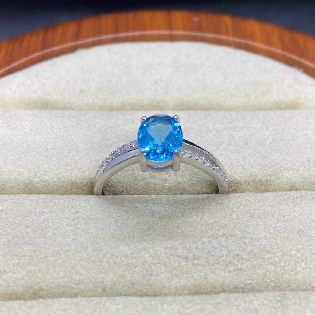 Natural Blue Topaz Ring in 925 Sterling Silver, 6×8mm Oval Gemstone