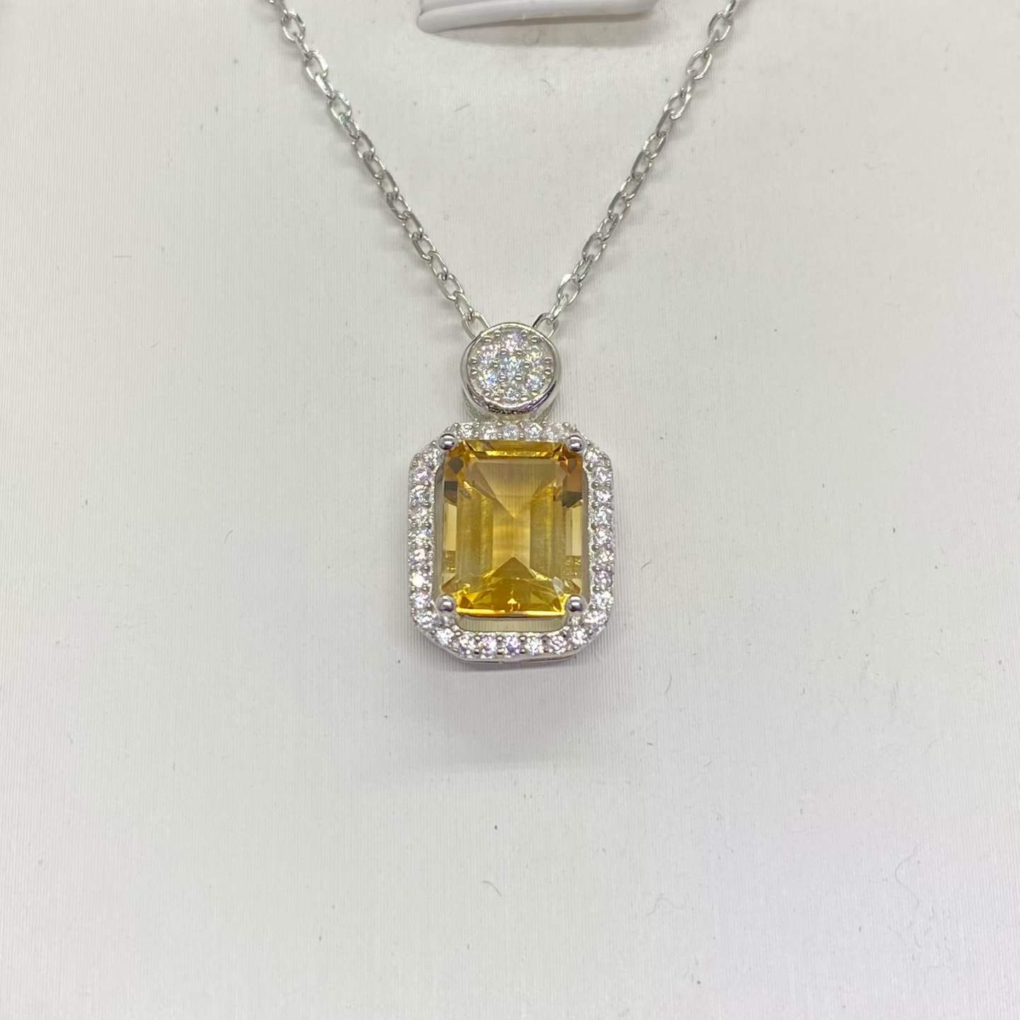 Natural Citrine Halo Pendant Necklace in 925 Sterling Silver, 7x9mm Rectangular Gemstone