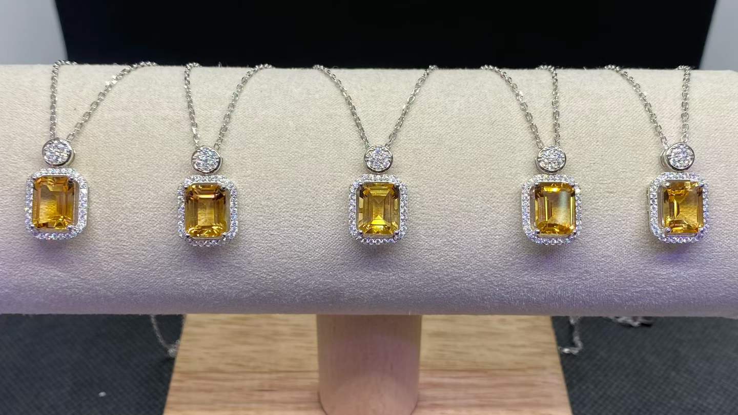 Natural Citrine Halo Pendant Necklace in 925 Sterling Silver, 7x9mm Rectangular Gemstone