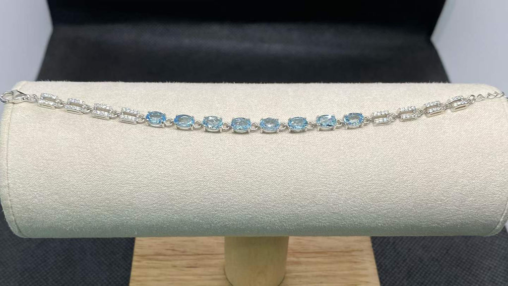 Natural Aquamarine Link Bracelet in 925 Sterling Silver, 4x6mm Gemstones