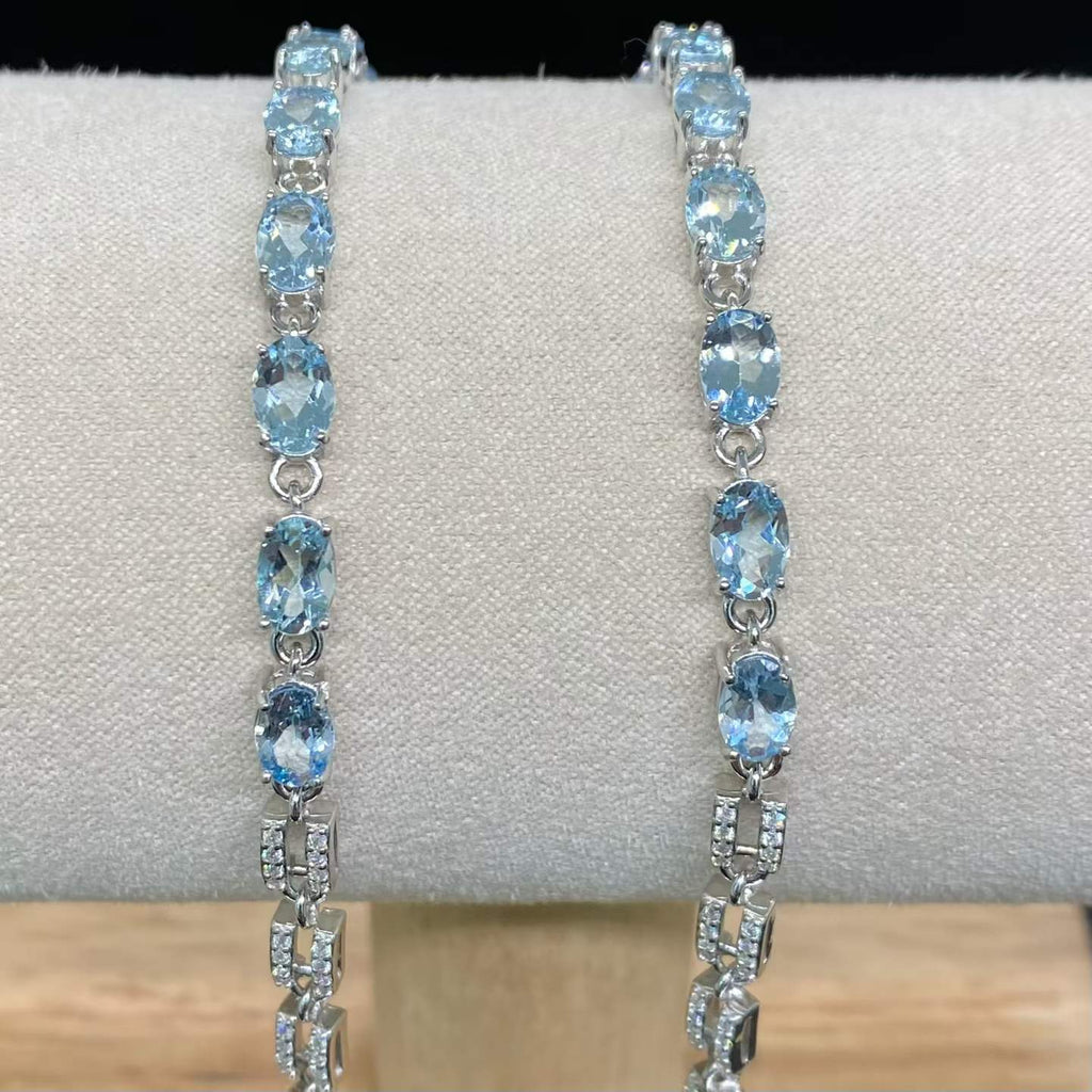 Natural Aquamarine Link Bracelet in 925 Sterling Silver, 4x6mm Gemstones