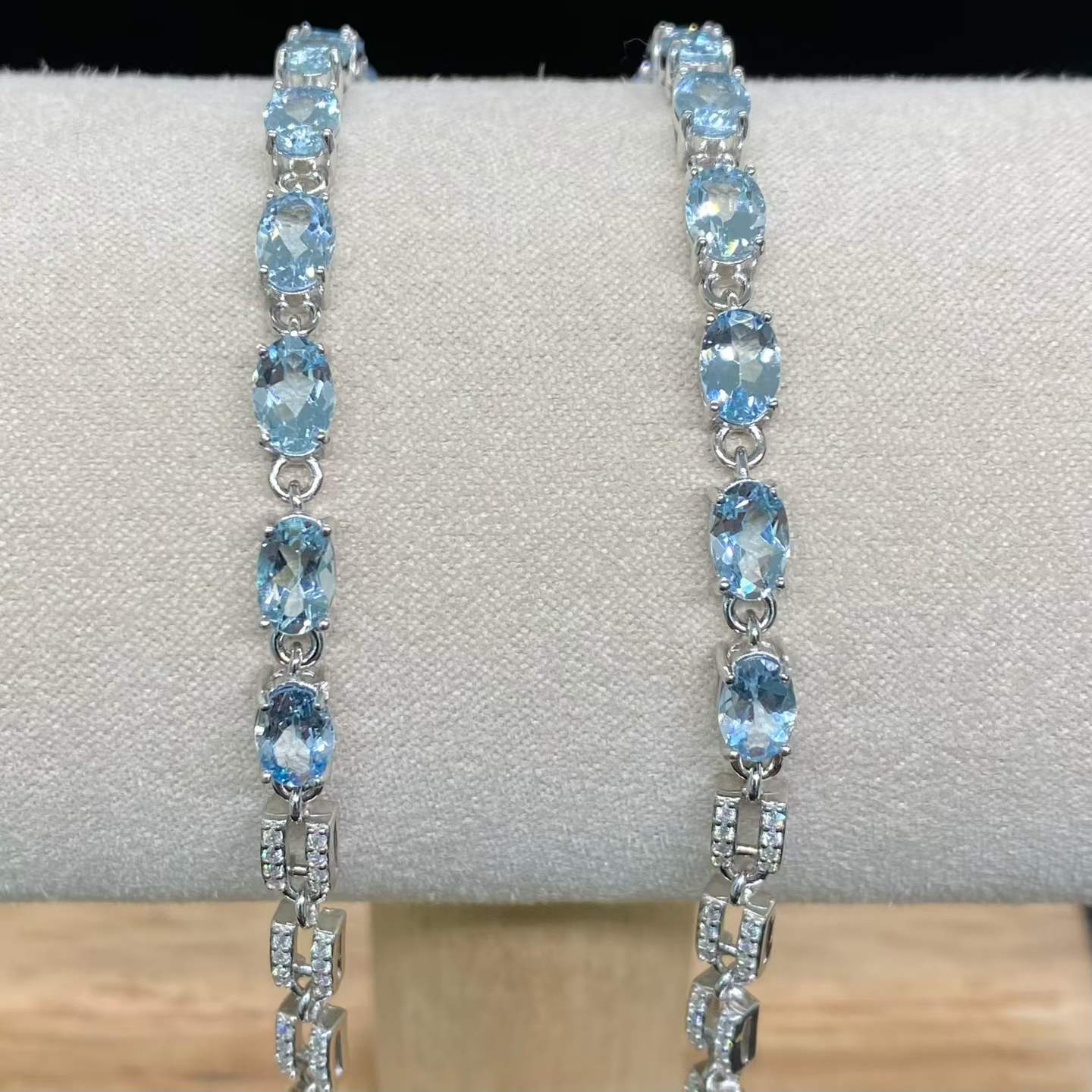 Natural Aquamarine Link Bracelet in 925 Sterling Silver, 4x6mm Gemstones