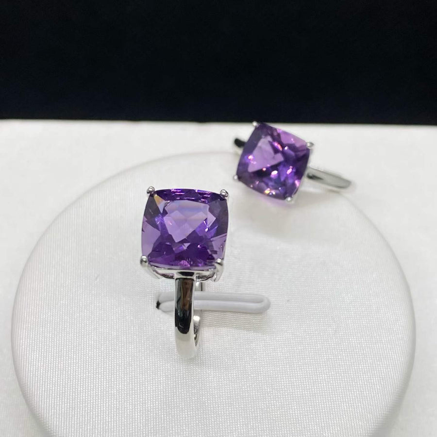 Natural Amethyst Cushion-Cut Solitaire Ring in 925 Sterling Silver, 9mm Gemstone