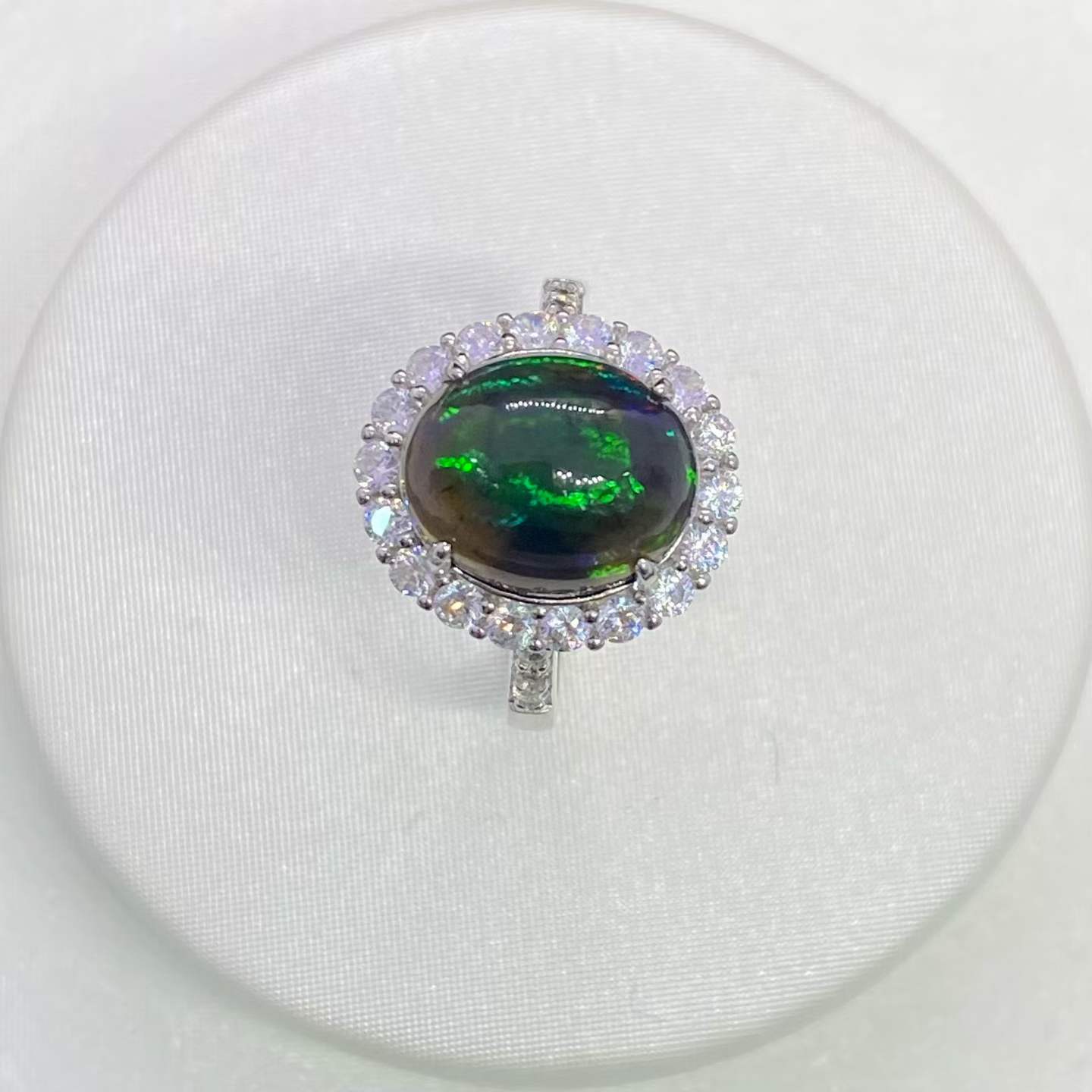 Natural Black Opal Halo Ring in 925 Sterling Silver, 9x11mm Gemstone