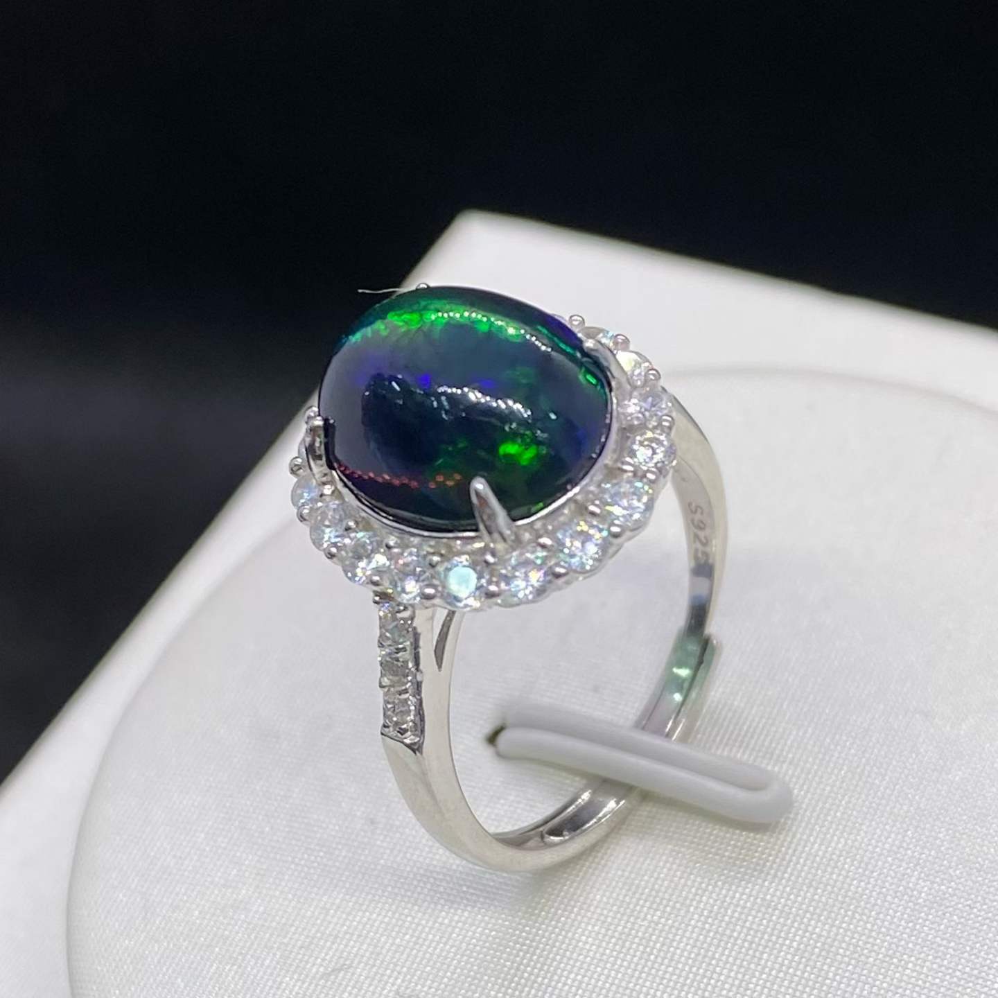 Natural Black Opal Halo Ring in 925 Sterling Silver, 9x11mm Gemstone