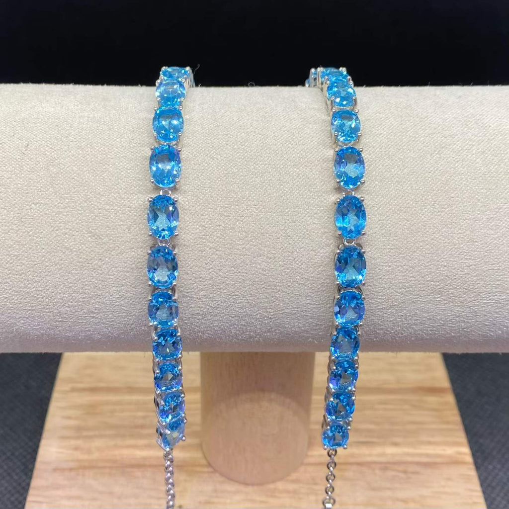 Natural Blue Topaz Oval Link Bracelet in 925 Sterling Silver, 5×7mm Gemstones