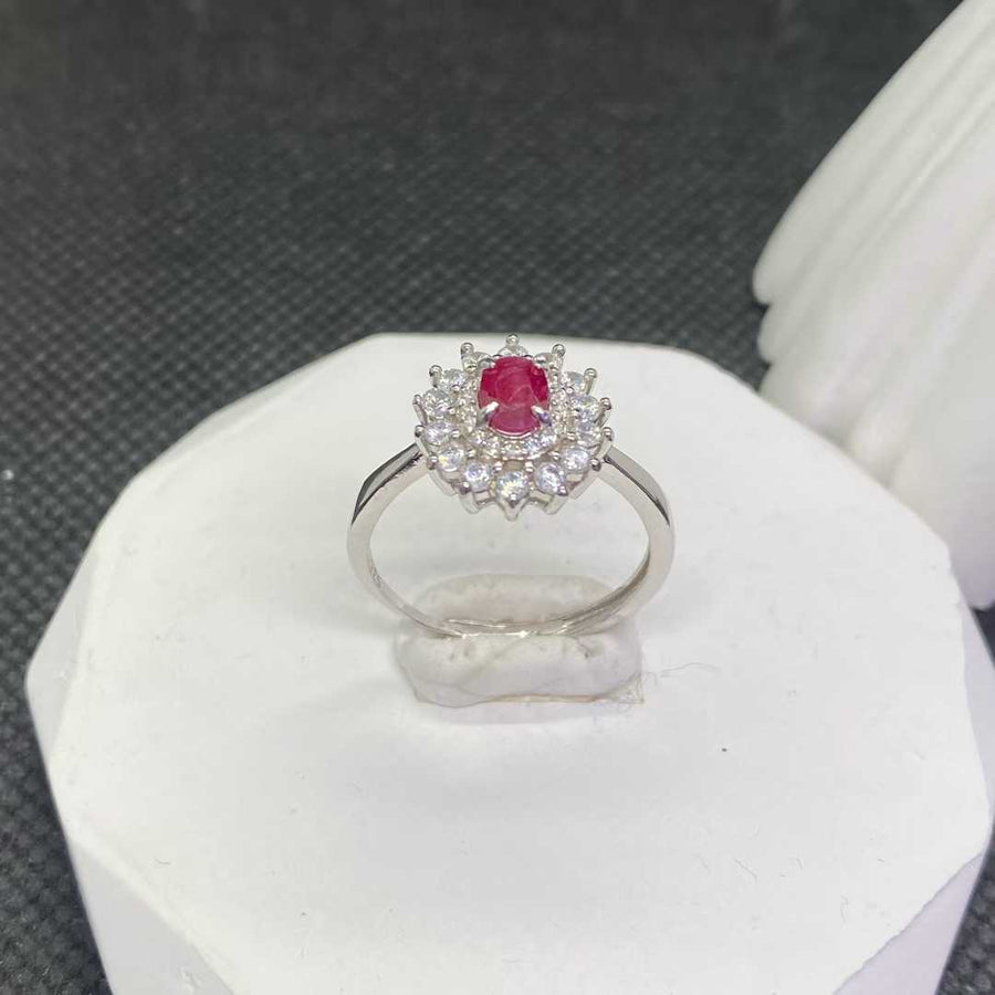 Natural Ruby Floral Halo Ring in 925 Sterling Silver, 4x6mm Gemstone