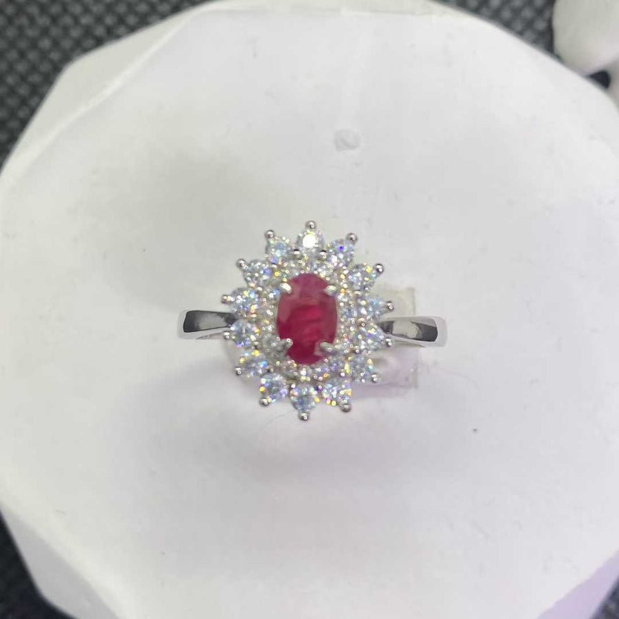 Natural Ruby Floral Halo Ring in 925 Sterling Silver, 4x6mm Gemstone