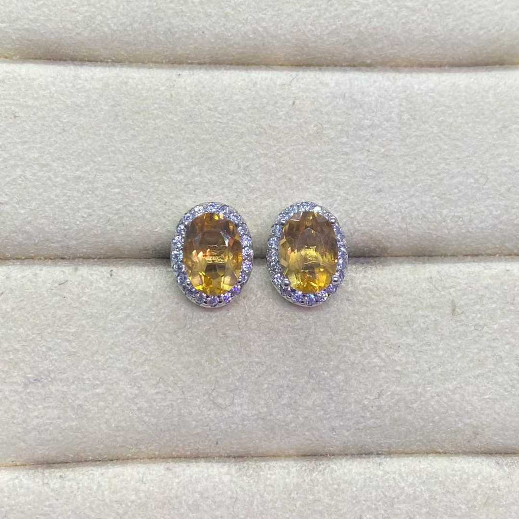 Natural Citrine Halo Stud Earrings in 925 Sterling Silver, 5x7mm Gemstones