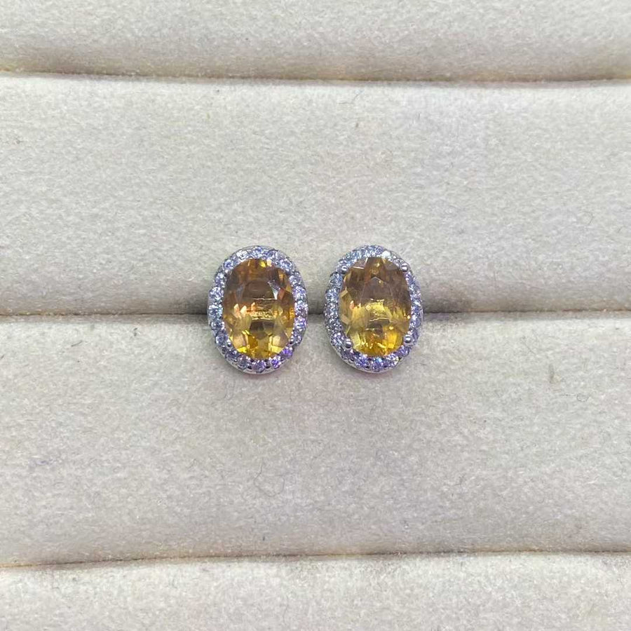 Natural Citrine Halo Stud Earrings in 925 Sterling Silver, 5x7mm Gemstones