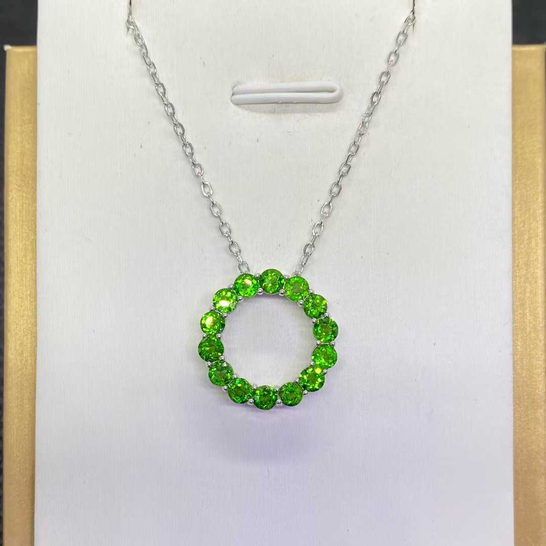 Natural Diopside Circle Pendant Necklace in 925 Sterling Silver, 3mm Gemstones