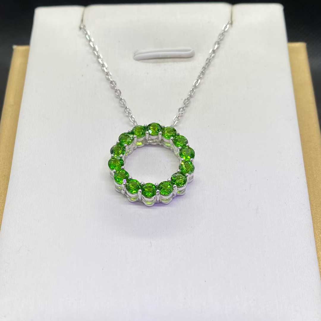 Natural Diopside Circle Pendant Necklace in 925 Sterling Silver, 3mm Gemstones