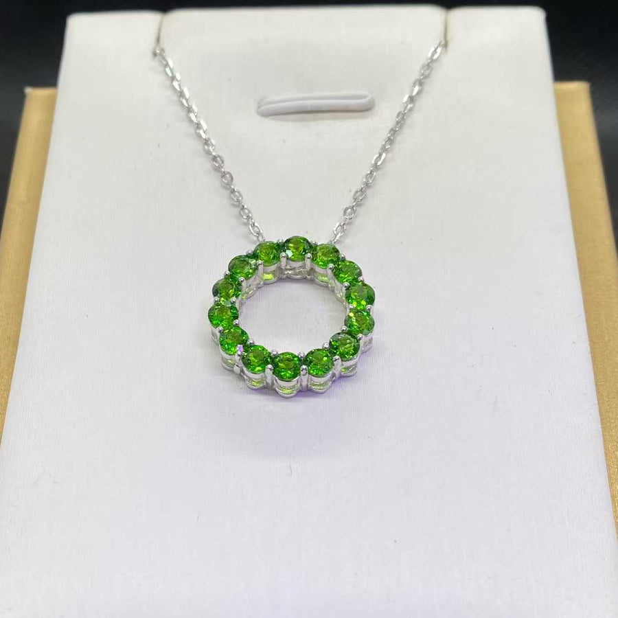 Natural Diopside Circle Pendant Necklace in 925 Sterling Silver, 3mm Gemstones