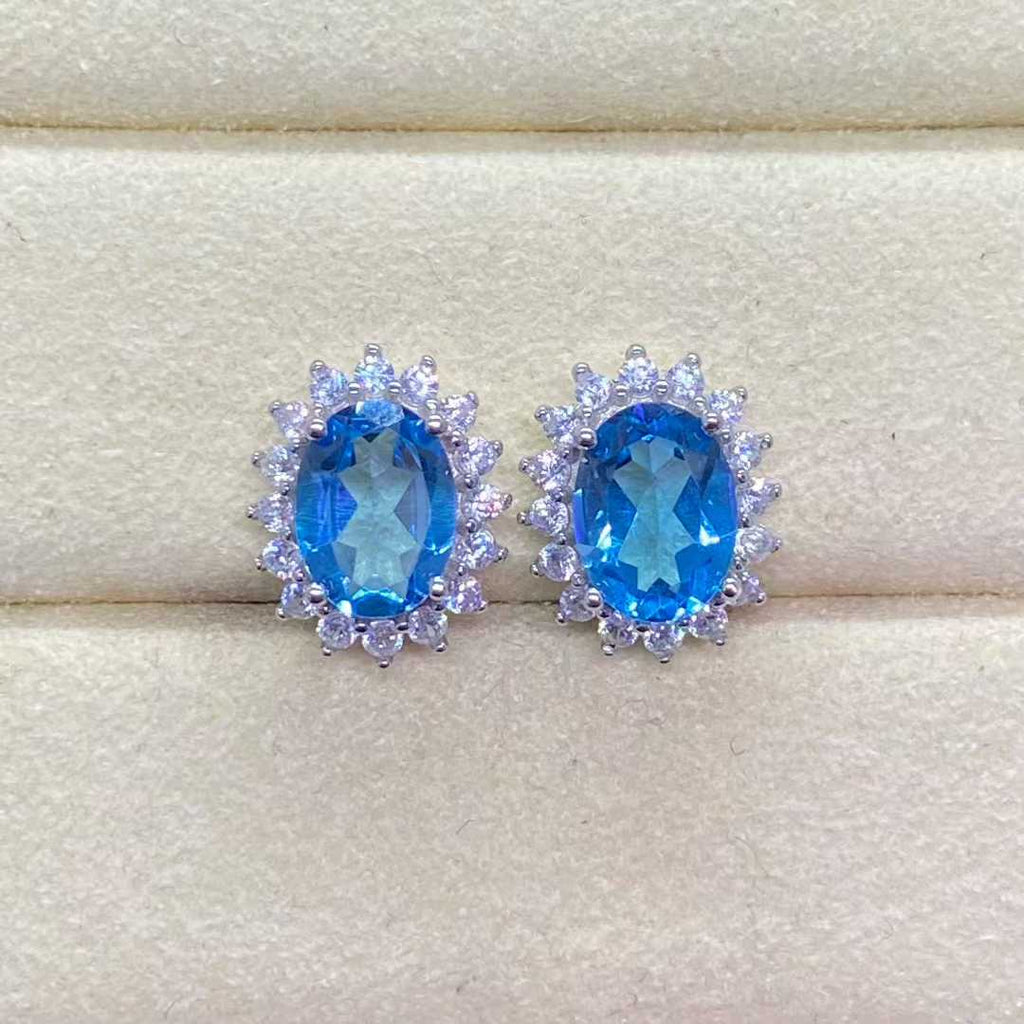 Natural Blue Topaz Halo Stud Earrings in 925 Sterling Silver, 6×8mm Oval Gemstones