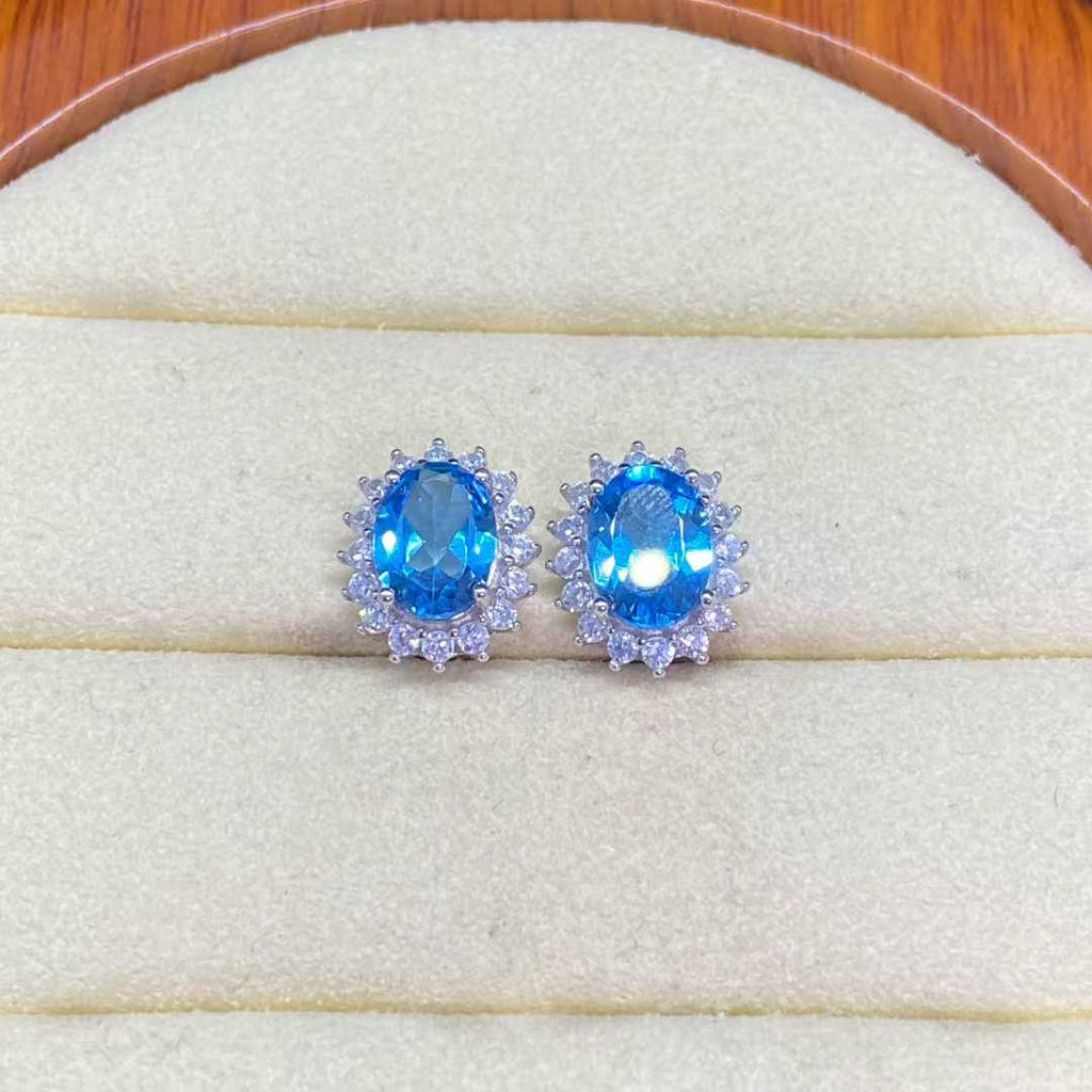 Natural Blue Topaz Halo Stud Earrings in 925 Sterling Silver, 6×8mm Oval Gemstones