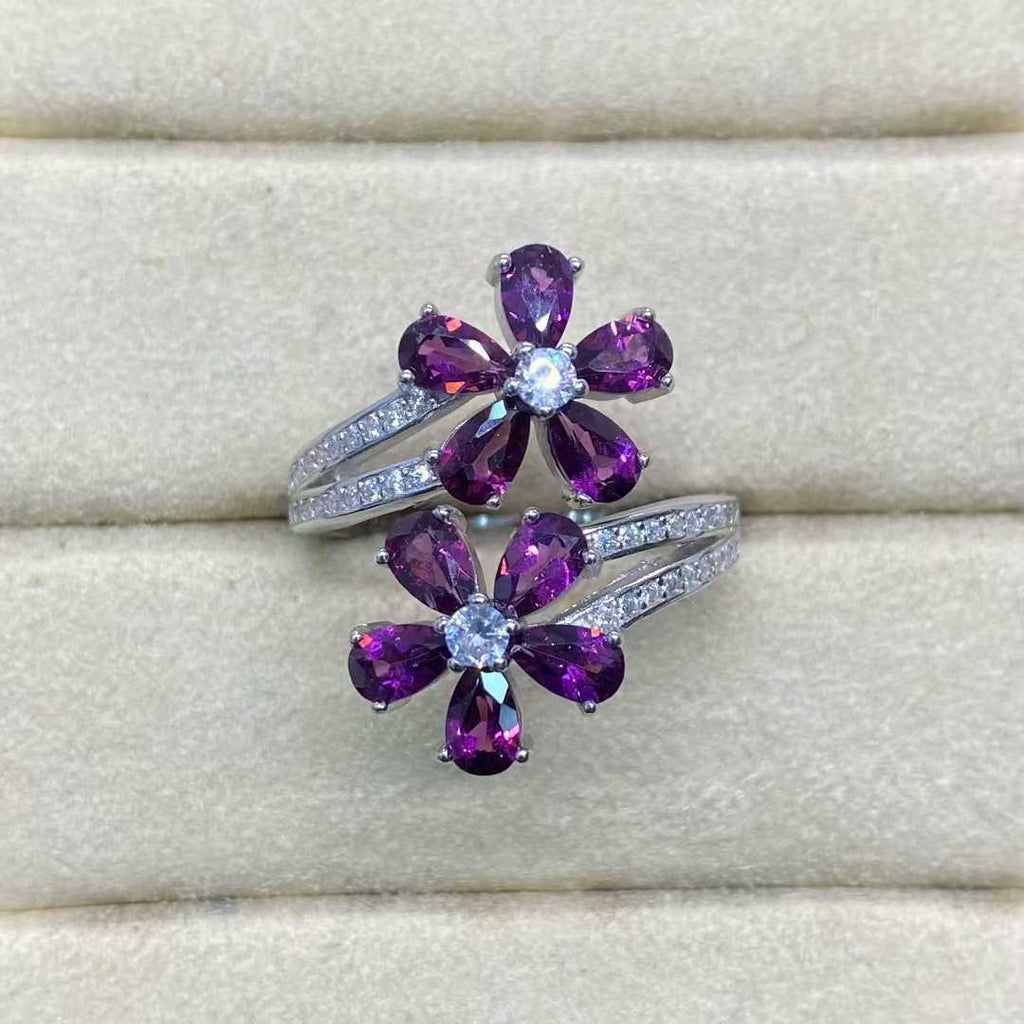 Natural Rhodolite Garnet Flower Ring in 925 Sterling Silver, 3×5mm Gemstones
