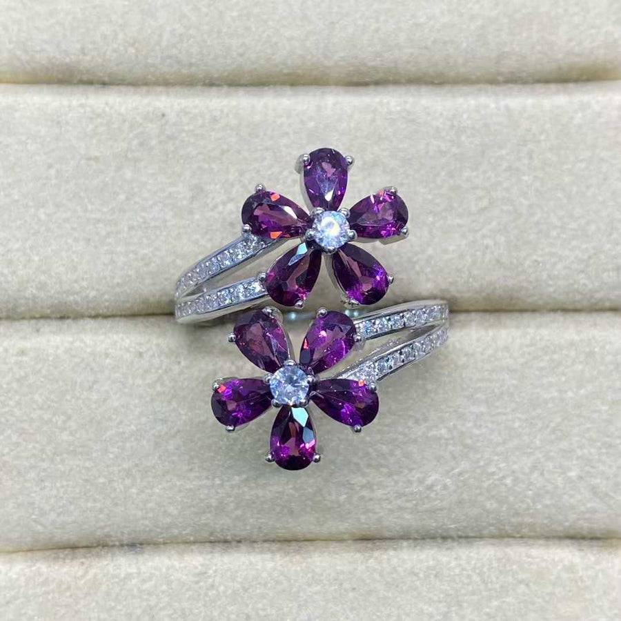Natural Rhodolite Garnet Flower Ring in 925 Sterling Silver, 3×5mm Gemstones